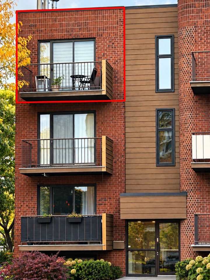 Brick condo building, the unit outlined in red